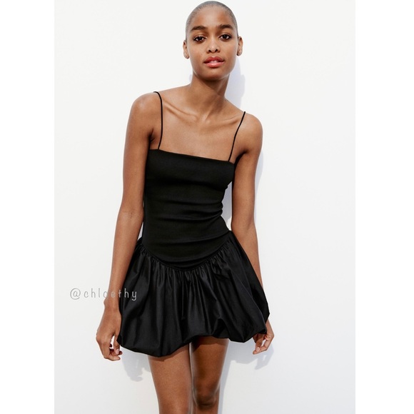 Zara MIXED RIB POPLIN BALLOON DRESS - Picture 6 of 13